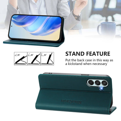 Samsung Galaxy M15 5G Dual-Folded Magnetic Suction RFID Blocking PU Leather Wallet Phone Case with Card Slots, Cash Pocket, Kickstand, Full Protective Flip Cover