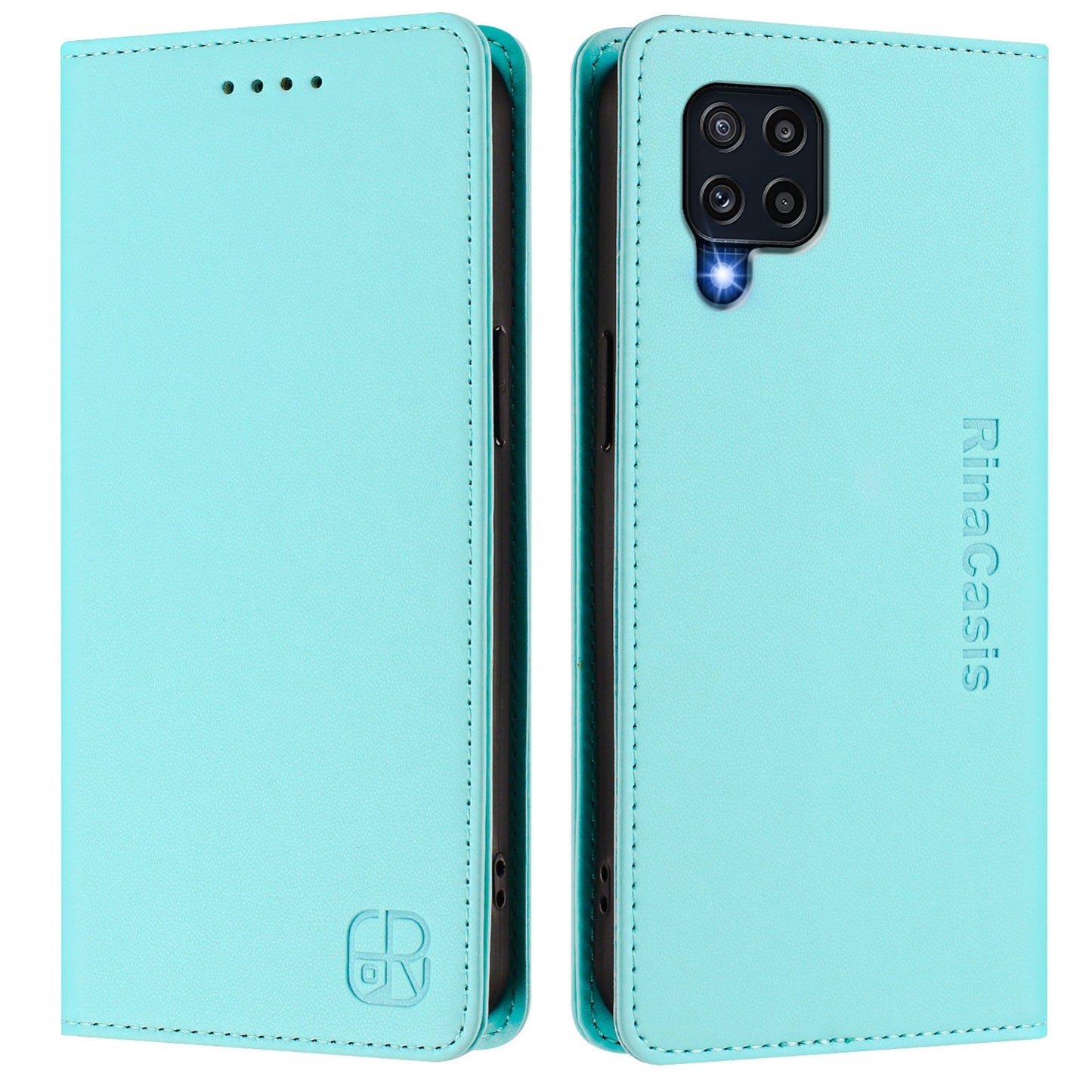 Samsung Galaxy M22 Dual-Folded Magnetic Suction RFID Blocking PU Leather Wallet Phone Case with Card Slots, Cash Pocket, Kickstand, Full Protective Flip Cover