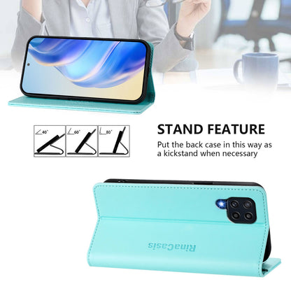 Samsung Galaxy M22 Dual-Folded Magnetic Suction RFID Blocking PU Leather Wallet Phone Case with Card Slots, Cash Pocket, Kickstand, Full Protective Flip Cover