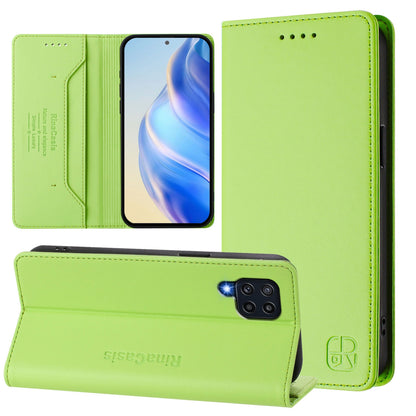 Samsung Galaxy M32 4G Dual-Folded Magnetic Suction RFID Blocking PU Leather Wallet Phone Case with Card Slots, Cash Pocket, Kickstand, Full Protective Flip Cover