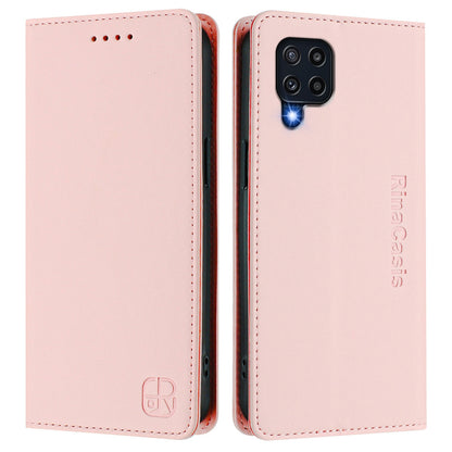 Samsung Galaxy M22 Dual-Folded Magnetic Suction RFID Blocking PU Leather Wallet Phone Case with Card Slots, Cash Pocket, Kickstand, Full Protective Flip Cover