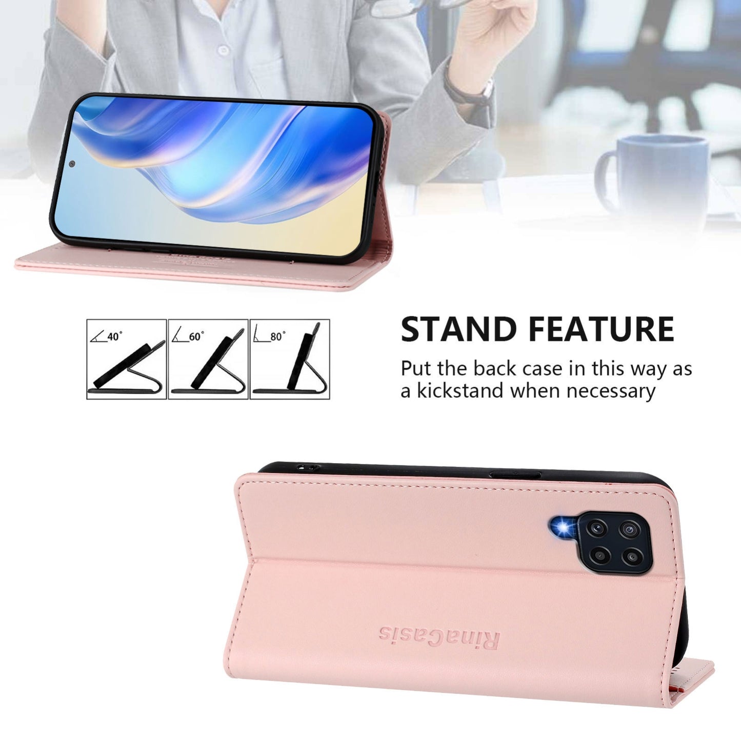 Samsung Galaxy M22 Dual-Folded Magnetic Suction RFID Blocking PU Leather Wallet Phone Case with Card Slots, Cash Pocket, Kickstand, Full Protective Flip Cover