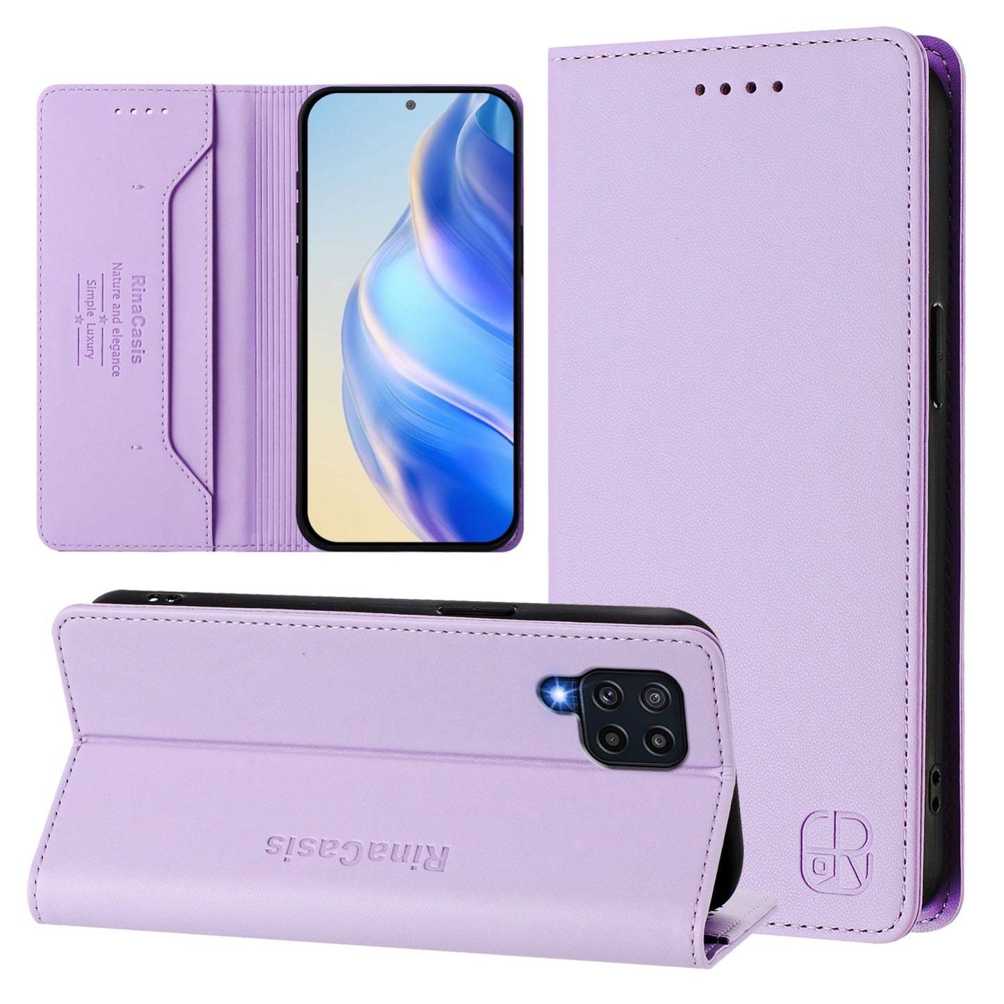 Samsung Galaxy M32 4G Dual-Folded Magnetic Suction RFID Blocking PU Leather Wallet Phone Case with Card Slots, Cash Pocket, Kickstand, Full Protective Flip Cover