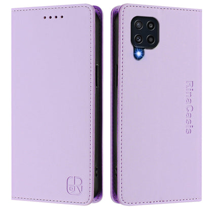 Samsung Galaxy M22 Dual-Folded Magnetic Suction RFID Blocking PU Leather Wallet Phone Case with Card Slots, Cash Pocket, Kickstand, Full Protective Flip Cover