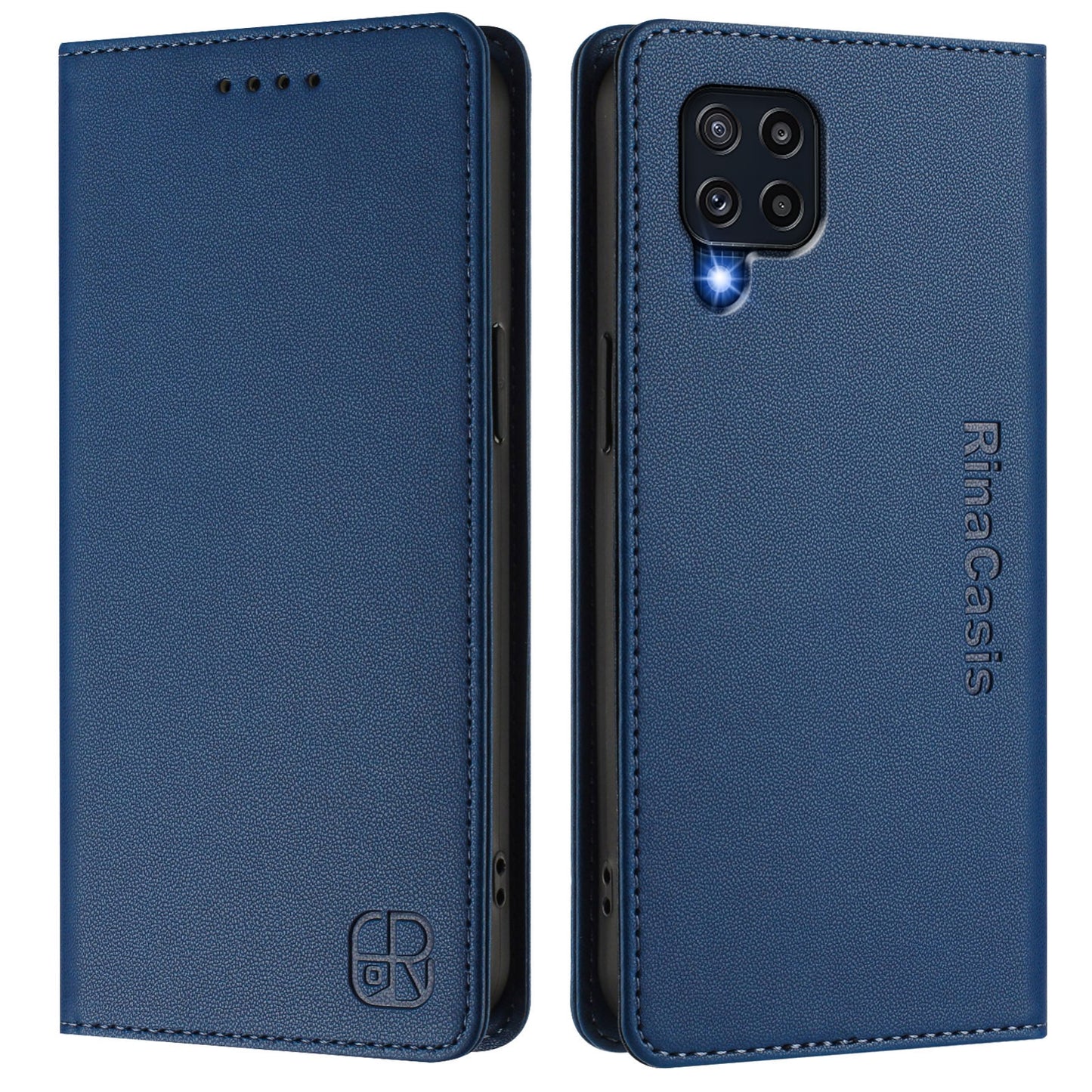 Samsung Galaxy M22 Dual-Folded Magnetic Suction RFID Blocking PU Leather Wallet Phone Case with Card Slots, Cash Pocket, Kickstand, Full Protective Flip Cover