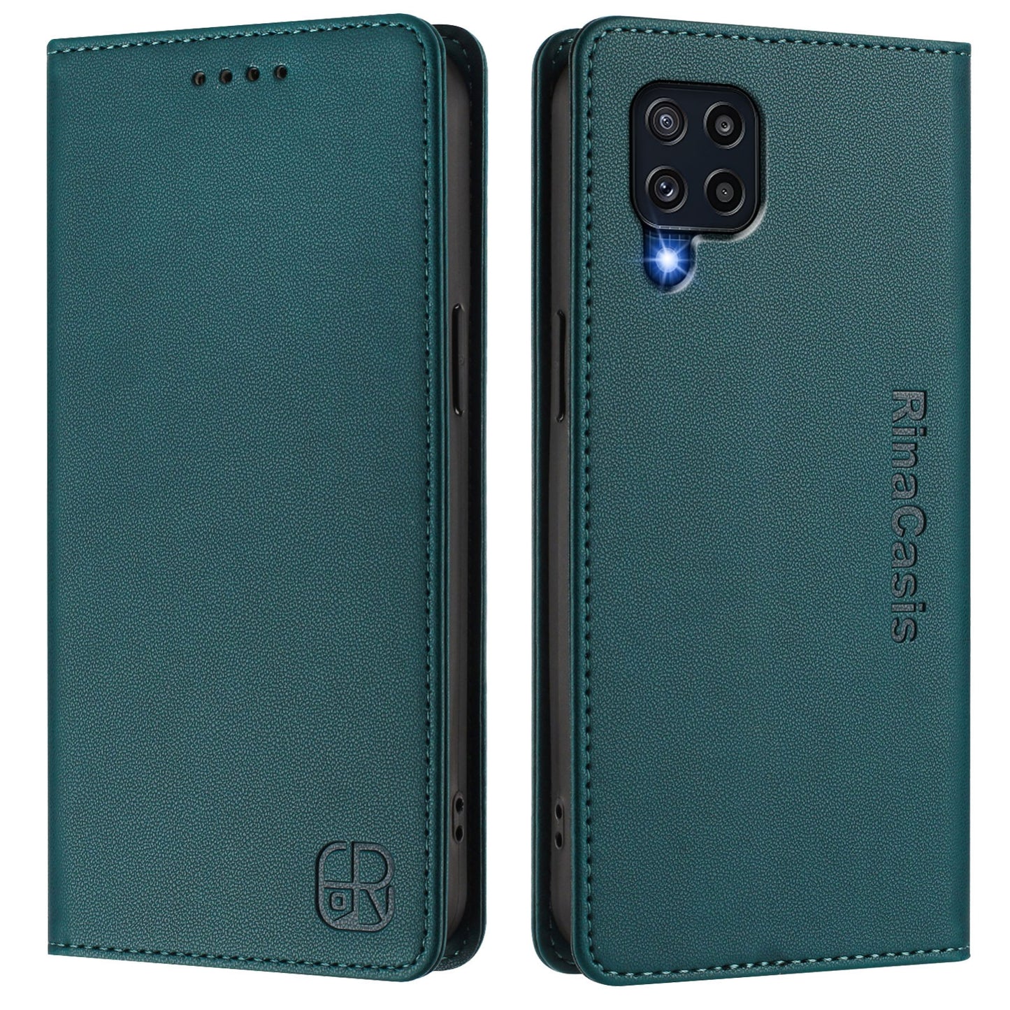 Samsung Galaxy M32 4G Dual-Folded Magnetic Suction RFID Blocking PU Leather Wallet Phone Case with Card Slots, Cash Pocket, Kickstand, Full Protective Flip Cover