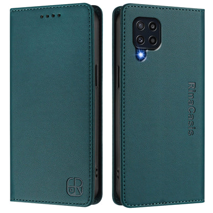 Samsung Galaxy M22 Dual-Folded Magnetic Suction RFID Blocking PU Leather Wallet Phone Case with Card Slots, Cash Pocket, Kickstand, Full Protective Flip Cover