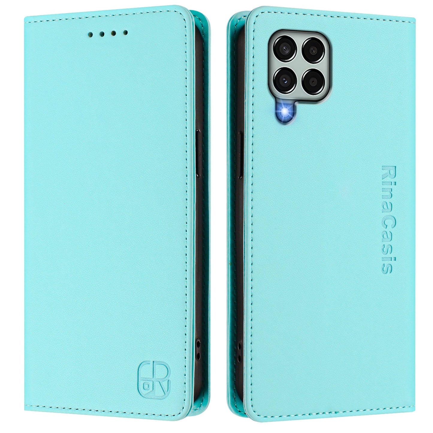 Samsung Galaxy M33 5G Dual-Folded Magnetic Suction RFID Blocking PU Leather Wallet Phone Case with Card Slots, Cash Pocket, Kickstand, Full Protective Flip Cover