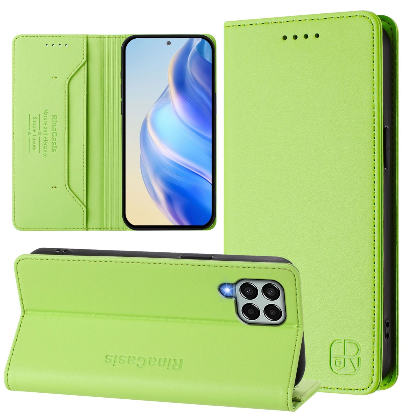 Samsung Galaxy M33 5G Dual-Folded Magnetic Suction RFID Blocking PU Leather Wallet Phone Case with Card Slots, Cash Pocket, Kickstand, Full Protective Flip Cover
