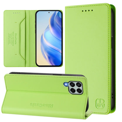 Samsung Galaxy M33 5G Dual-Folded Magnetic Suction RFID Blocking PU Leather Wallet Phone Case with Card Slots, Cash Pocket, Kickstand, Full Protective Flip Cover