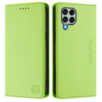 Samsung Galaxy M33 5G Dual-Folded Magnetic Suction RFID Blocking PU Leather Wallet Phone Case with Card Slots, Cash Pocket, Kickstand, Full Protective Flip Cover