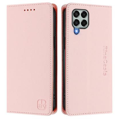 Samsung Galaxy M33 5G Dual-Folded Magnetic Suction RFID Blocking PU Leather Wallet Phone Case with Card Slots, Cash Pocket, Kickstand, Full Protective Flip Cover
