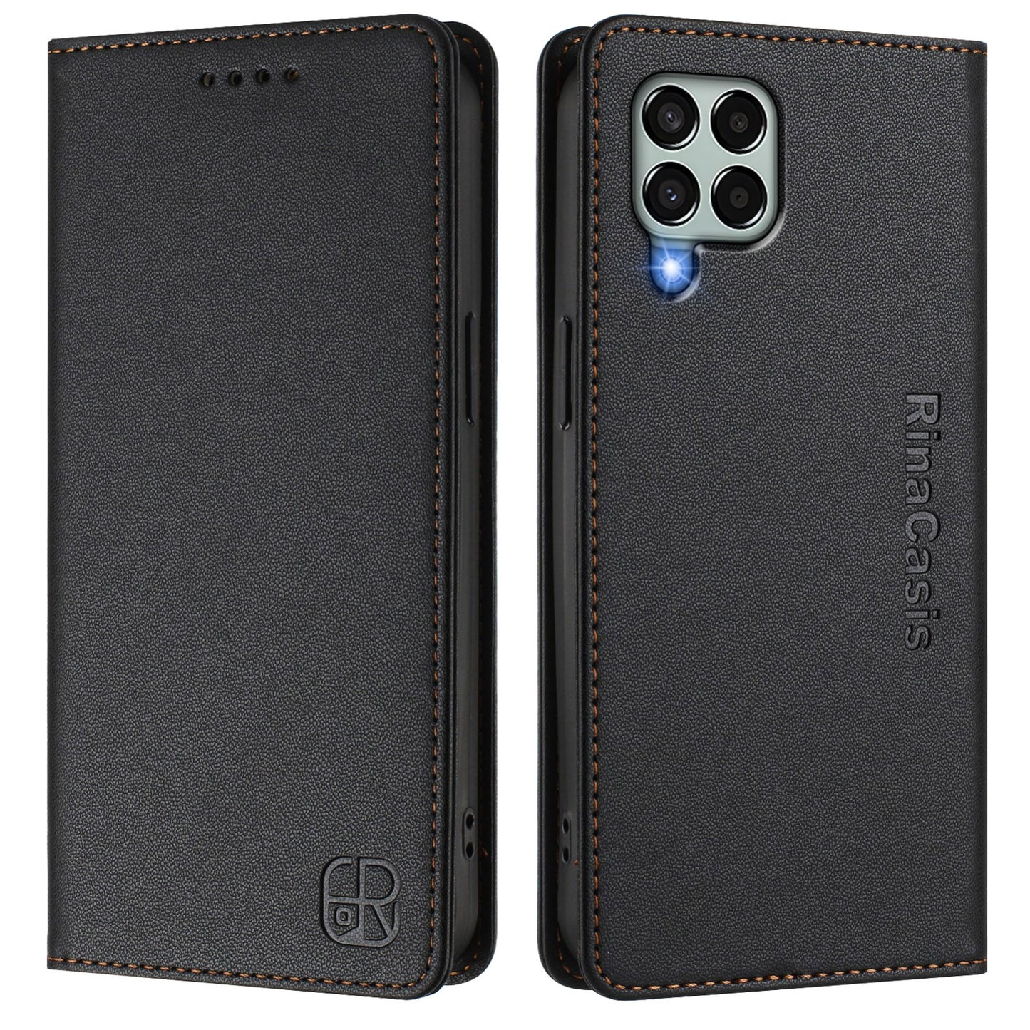 Samsung Galaxy M33 5G Dual-Folded Magnetic Suction RFID Blocking PU Leather Wallet Phone Case with Card Slots, Cash Pocket, Kickstand, Full Protective Flip Cover