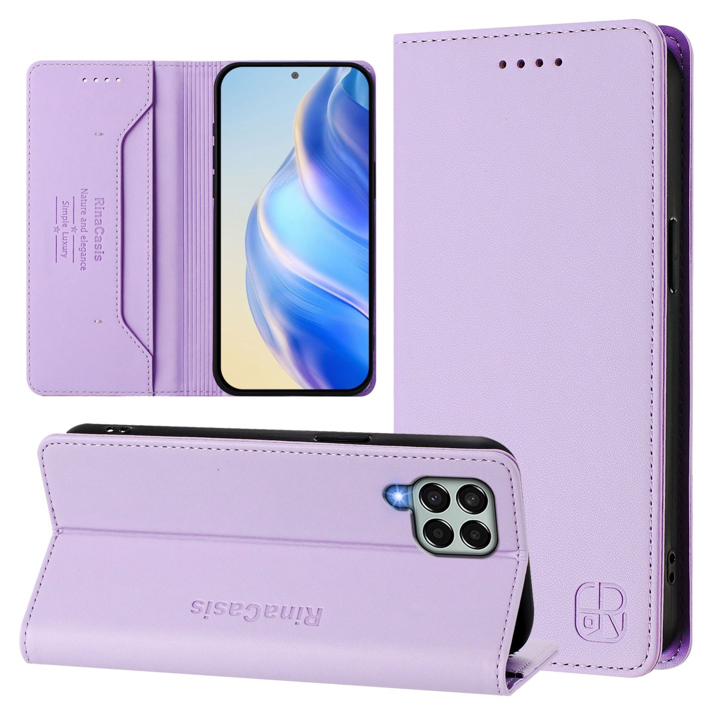 Samsung Galaxy M33 5G Dual-Folded Magnetic Suction RFID Blocking PU Leather Wallet Phone Case with Card Slots, Cash Pocket, Kickstand, Full Protective Flip Cover