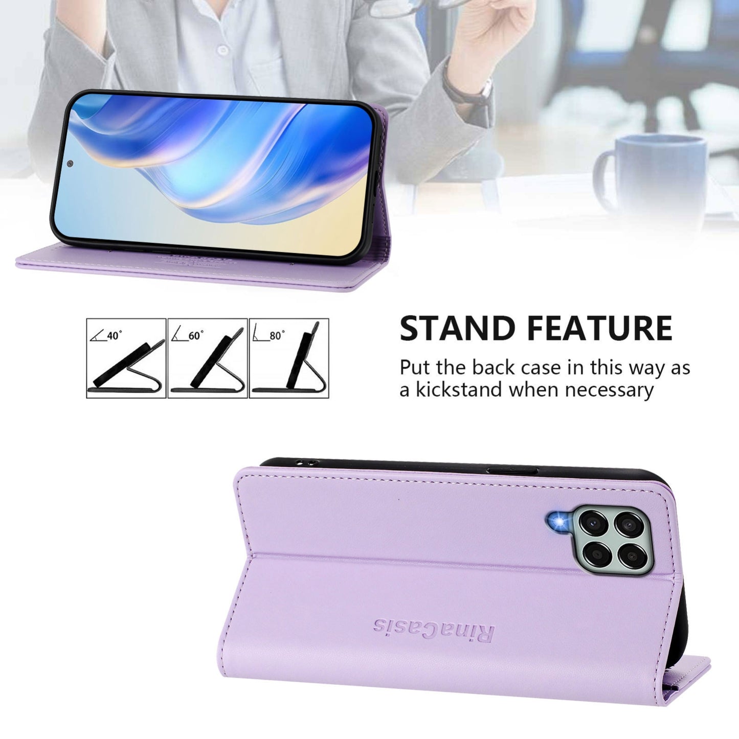 Samsung Galaxy M33 5G Dual-Folded Magnetic Suction RFID Blocking PU Leather Wallet Phone Case with Card Slots, Cash Pocket, Kickstand, Full Protective Flip Cover