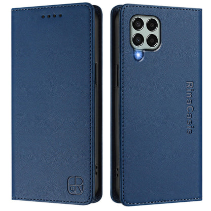 Samsung Galaxy M33 5G Dual-Folded Magnetic Suction RFID Blocking PU Leather Wallet Phone Case with Card Slots, Cash Pocket, Kickstand, Full Protective Flip Cover