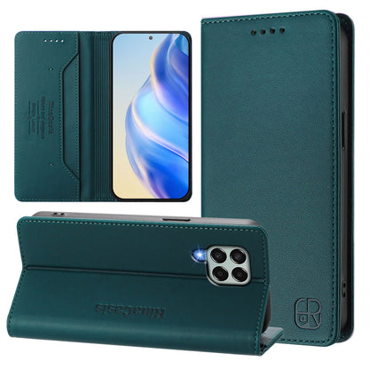 Samsung Galaxy M33 5G Dual-Folded Magnetic Suction RFID Blocking PU Leather Wallet Phone Case with Card Slots, Cash Pocket, Kickstand, Full Protective Flip Cover
