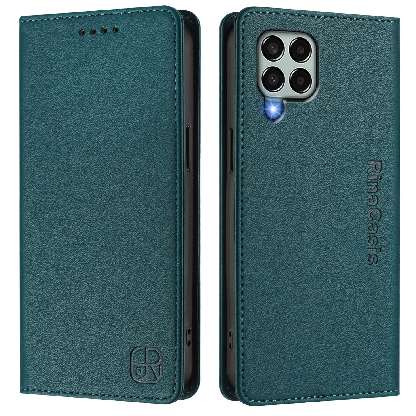 Samsung Galaxy M33 5G Dual-Folded Magnetic Suction RFID Blocking PU Leather Wallet Phone Case with Card Slots, Cash Pocket, Kickstand, Full Protective Flip Cover