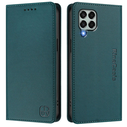 Samsung Galaxy M33 5G Dual-Folded Magnetic Suction RFID Blocking PU Leather Wallet Phone Case with Card Slots, Cash Pocket, Kickstand, Full Protective Flip Cover
