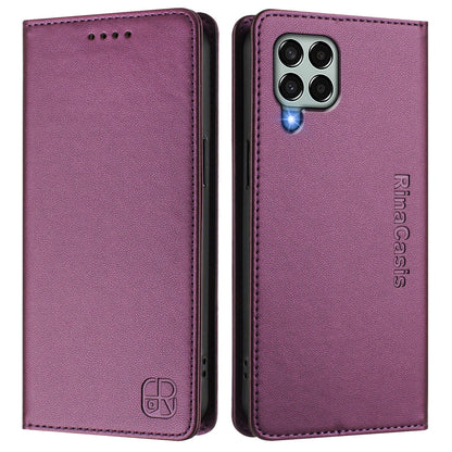 Samsung Galaxy M33 5G Dual-Folded Magnetic Suction RFID Blocking PU Leather Wallet Phone Case with Card Slots, Cash Pocket, Kickstand, Full Protective Flip Cover