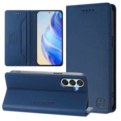 Samsung Galaxy F34 5G Dual-Folded Magnetic Suction RFID Blocking PU Leather Wallet Phone Case with Card Slots, Cash Pocket, Kickstand, Full Protective Flip Cover