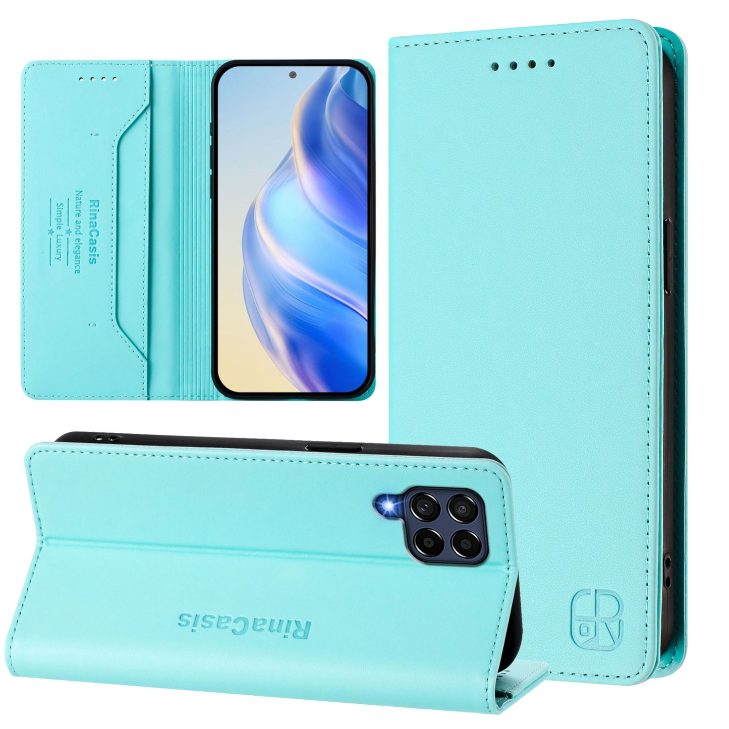 Samsung Galaxy M53 5G Dual-Folded Magnetic Suction RFID Blocking PU Leather Wallet Phone Case with Card Slots, Cash Pocket, Kickstand, Full Protective Flip Cover