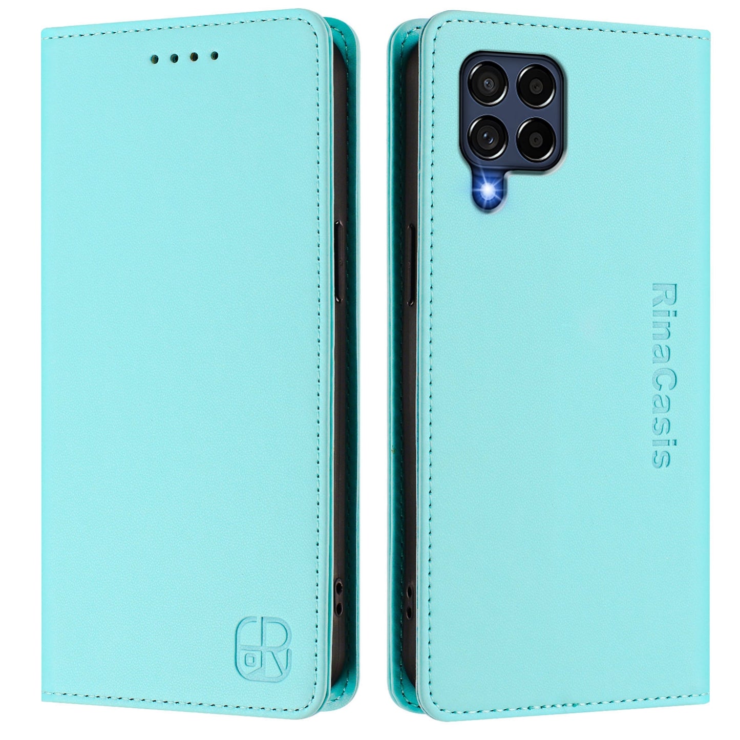 Samsung Galaxy M53 5G Dual-Folded Magnetic Suction RFID Blocking PU Leather Wallet Phone Case with Card Slots, Cash Pocket, Kickstand, Full Protective Flip Cover