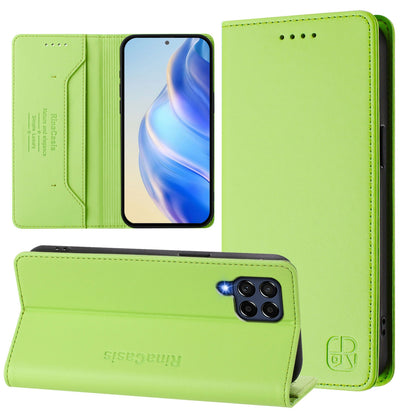 Samsung Galaxy M53 5G Dual-Folded Magnetic Suction RFID Blocking PU Leather Wallet Phone Case with Card Slots, Cash Pocket, Kickstand, Full Protective Flip Cover