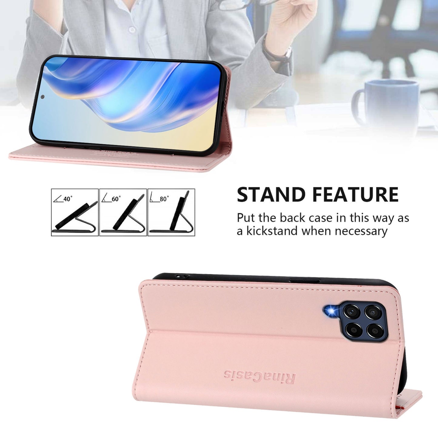 Samsung Galaxy M53 5G Dual-Folded Magnetic Suction RFID Blocking PU Leather Wallet Phone Case with Card Slots, Cash Pocket, Kickstand, Full Protective Flip Cover