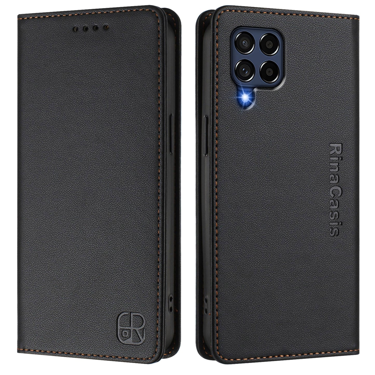 Samsung Galaxy M53 5G Dual-Folded Magnetic Suction RFID Blocking PU Leather Wallet Phone Case with Card Slots, Cash Pocket, Kickstand, Full Protective Flip Cover