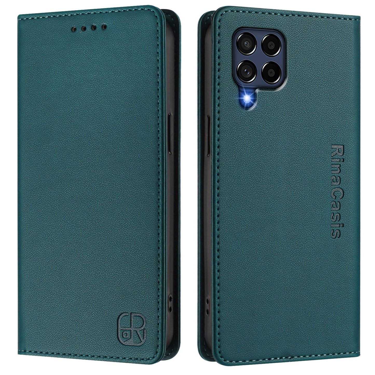 Samsung Galaxy M53 5G Dual-Folded Magnetic Suction RFID Blocking PU Leather Wallet Phone Case with Card Slots, Cash Pocket, Kickstand, Full Protective Flip Cover