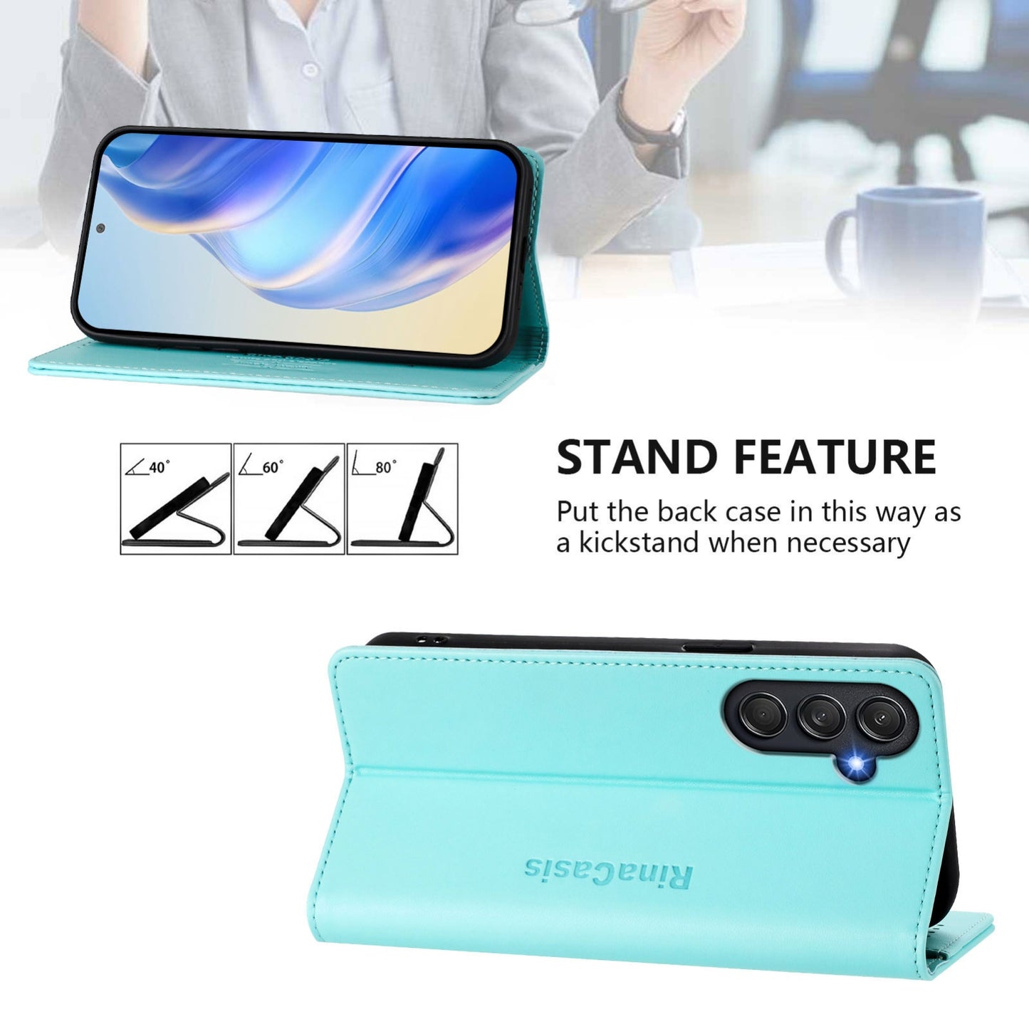 Samsung Galaxy M54 5G Dual-Folded Magnetic Suction RFID Blocking PU Leather Wallet Phone Case with Card Slots, Cash Pocket, Kickstand, Full Protective Flip Cover