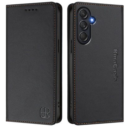 Samsung Galaxy M54 5G Dual-Folded Magnetic Suction RFID Blocking PU Leather Wallet Phone Case with Card Slots, Cash Pocket, Kickstand, Full Protective Flip Cover