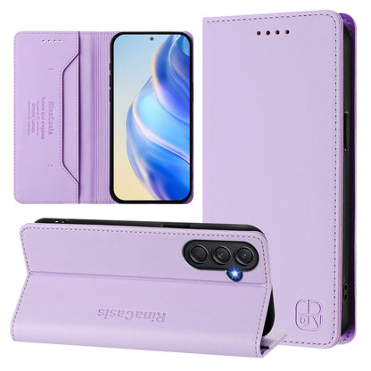Samsung Galaxy M54 5G Dual-Folded Magnetic Suction RFID Blocking PU Leather Wallet Phone Case with Card Slots, Cash Pocket, Kickstand, Full Protective Flip Cover