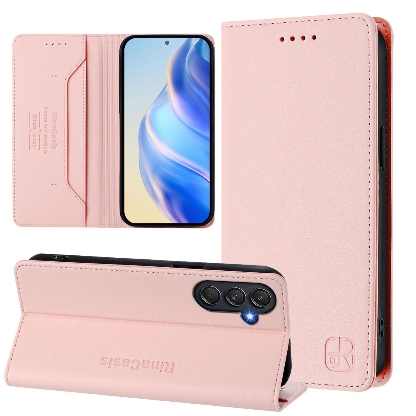 Samsung Galaxy M55 5G Dual-Folded Magnetic Suction RFID Blocking PU Leather Wallet Phone Case with Card Slots, Cash Pocket, Kickstand, Full Protective Flip Cover