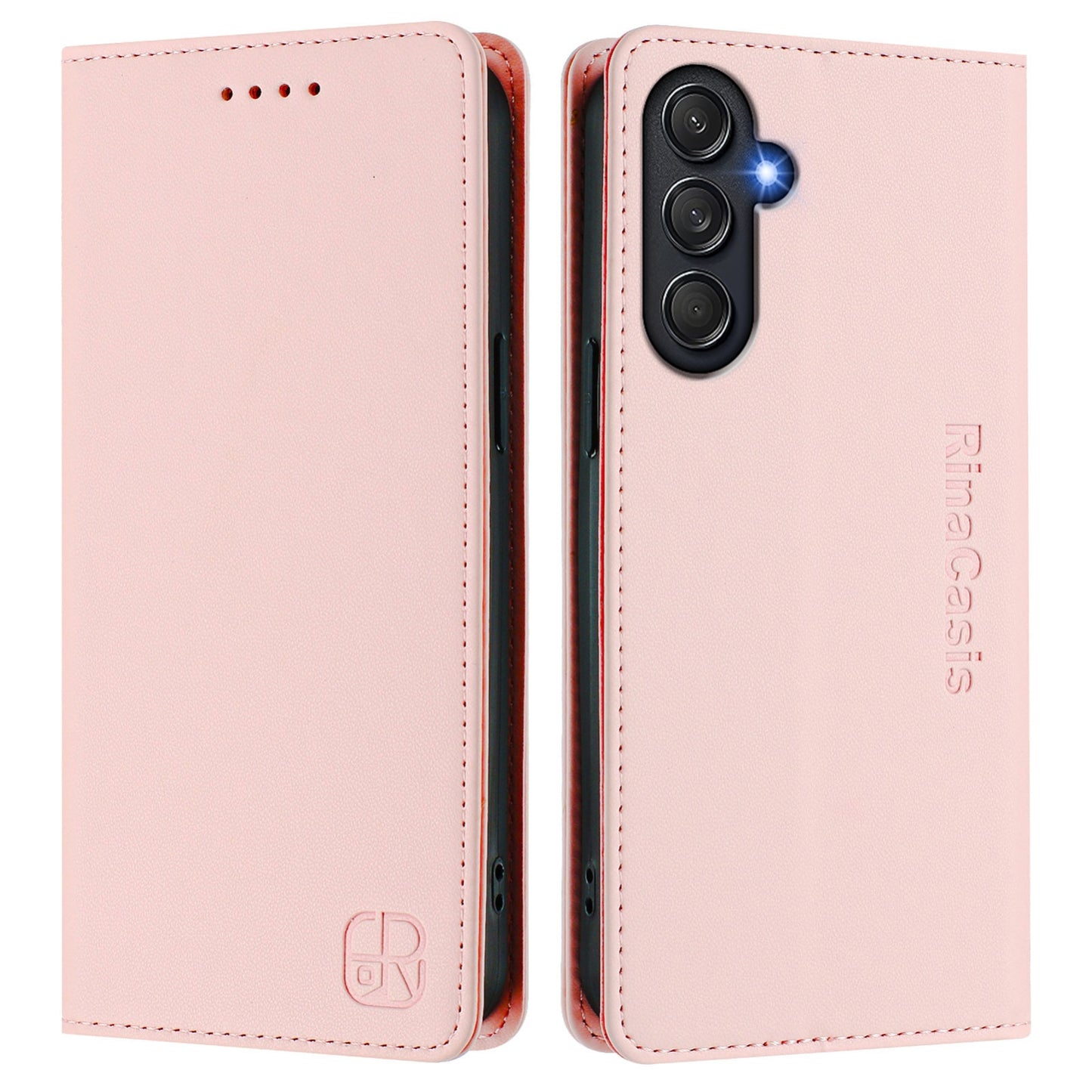 Samsung Galaxy M55 5G Dual-Folded Magnetic Suction RFID Blocking PU Leather Wallet Phone Case with Card Slots, Cash Pocket, Kickstand, Full Protective Flip Cover