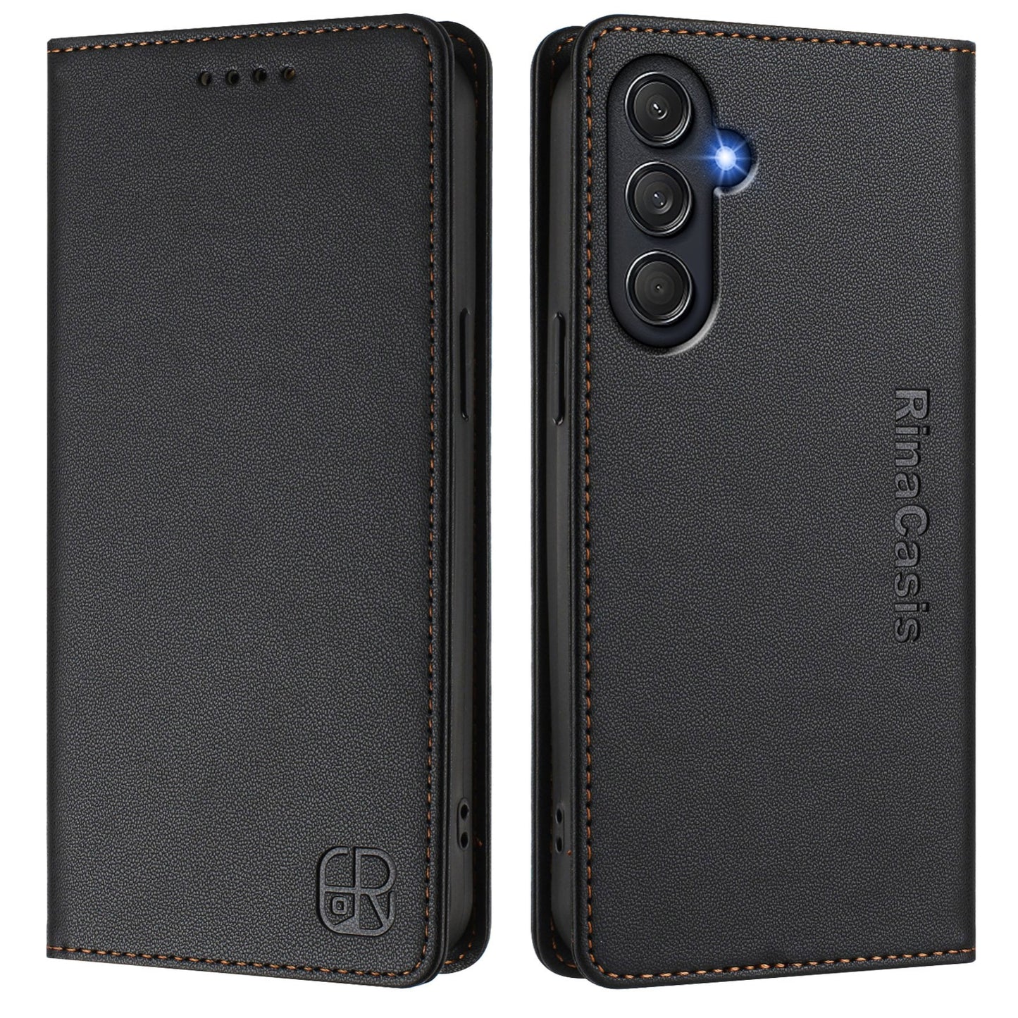 Samsung Galaxy M55 5G Dual-Folded Magnetic Suction RFID Blocking PU Leather Wallet Phone Case with Card Slots, Cash Pocket, Kickstand, Full Protective Flip Cover