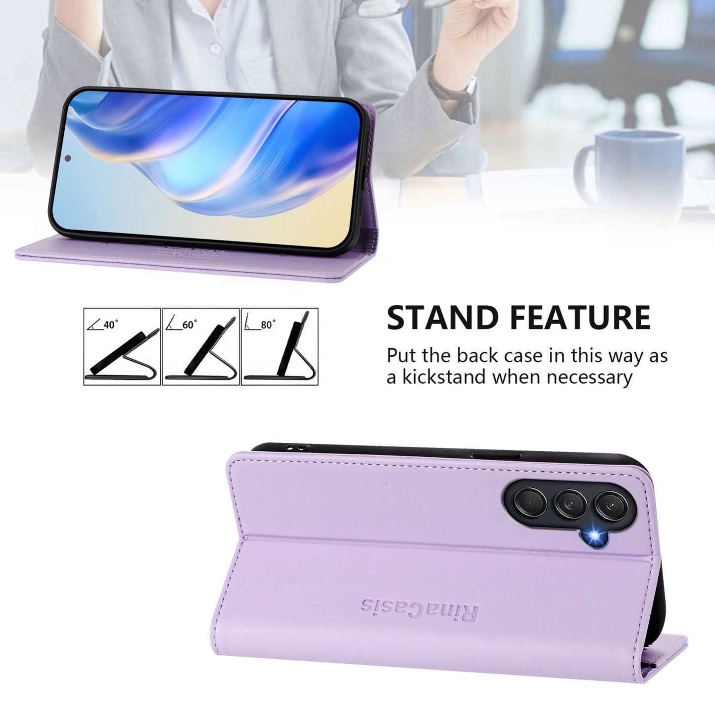 Samsung Galaxy M55 5G Dual-Folded Magnetic Suction RFID Blocking PU Leather Wallet Phone Case with Card Slots, Cash Pocket, Kickstand, Full Protective Flip Cover