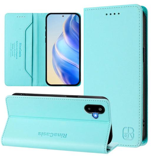 Samsung Galaxy M06 5G Dual-Folded Magnetic Suction RFID Blocking PU Leather Wallet Phone Case with Card Slots, Cash Pocket, Kickstand, Full Protective Flip Cover
