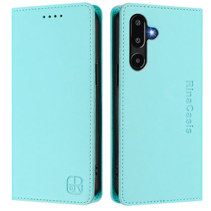 Samsung Galaxy M16 5G Dual-Folded Magnetic Suction RFID Blocking PU Leather Wallet Phone Case with Card Slots, Cash Pocket, Kickstand, Full Protective Flip Cover
