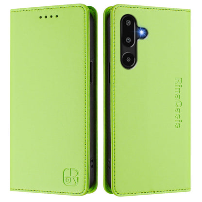 Samsung Galaxy M16 5G Dual-Folded Magnetic Suction RFID Blocking PU Leather Wallet Phone Case with Card Slots, Cash Pocket, Kickstand, Full Protective Flip Cover