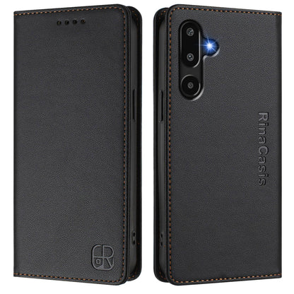Samsung Galaxy M16 5G Dual-Folded Magnetic Suction RFID Blocking PU Leather Wallet Phone Case with Card Slots, Cash Pocket, Kickstand, Full Protective Flip Cover