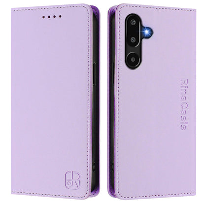Samsung Galaxy M16 5G Dual-Folded Magnetic Suction RFID Blocking PU Leather Wallet Phone Case with Card Slots, Cash Pocket, Kickstand, Full Protective Flip Cover