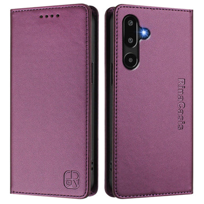Samsung Galaxy M16 5G Dual-Folded Magnetic Suction RFID Blocking PU Leather Wallet Phone Case with Card Slots, Cash Pocket, Kickstand, Full Protective Flip Cover