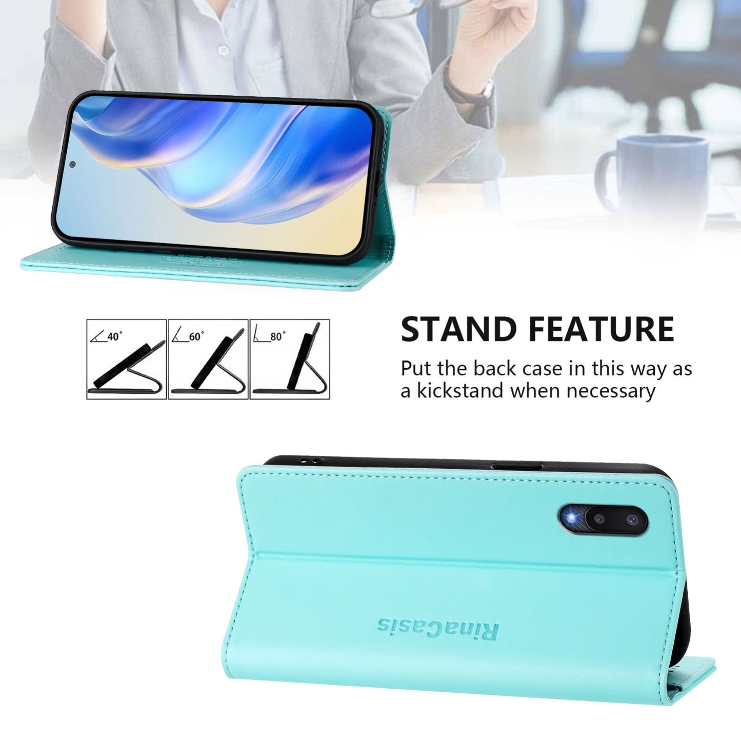 Samsung Galaxy M02 Dual-Folded Magnetic Suction RFID Blocking PU Leather Wallet Phone Case with Card Slots, Cash Pocket, Kickstand, Full Protective Flip Cover