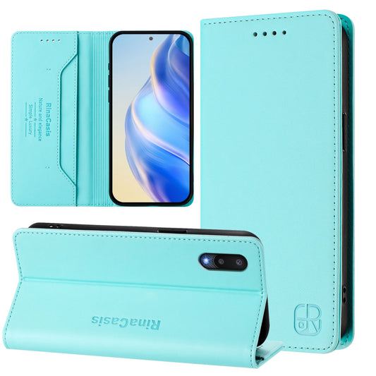 Samsung Galaxy M02 Dual-Folded Magnetic Suction RFID Blocking PU Leather Wallet Phone Case with Card Slots, Cash Pocket, Kickstand, Full Protective Flip Cover