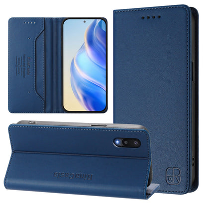 Samsung Galaxy M02 Dual-Folded Magnetic Suction RFID Blocking PU Leather Wallet Phone Case with Card Slots, Cash Pocket, Kickstand, Full Protective Flip Cover