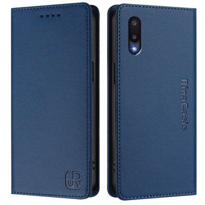 Samsung Galaxy M02 Dual-Folded Magnetic Suction RFID Blocking PU Leather Wallet Phone Case with Card Slots, Cash Pocket, Kickstand, Full Protective Flip Cover