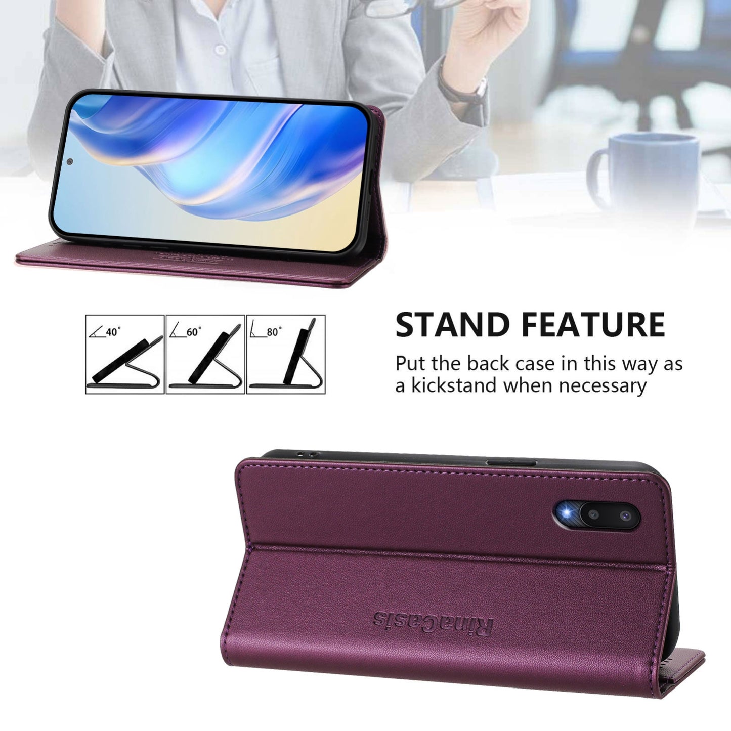Samsung Galaxy M02 Dual-Folded Magnetic Suction RFID Blocking PU Leather Wallet Phone Case with Card Slots, Cash Pocket, Kickstand, Full Protective Flip Cover