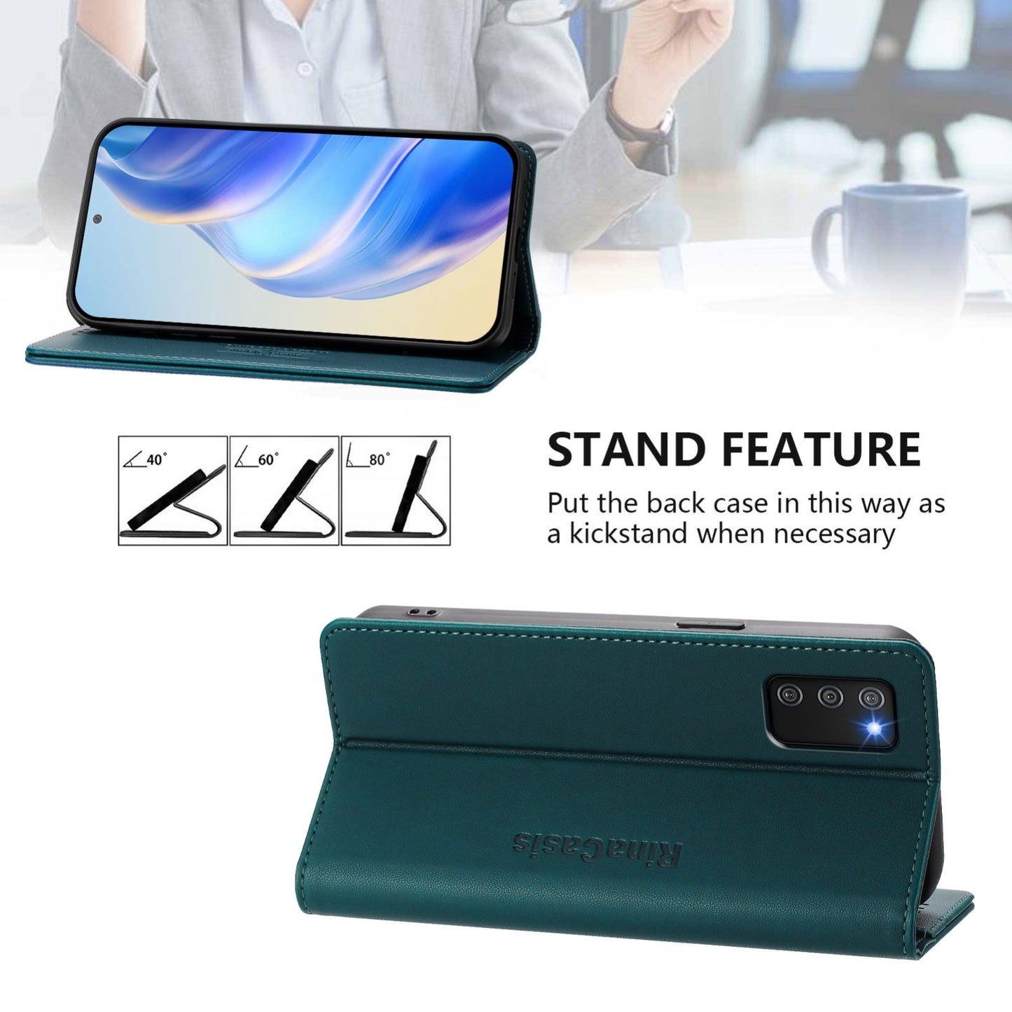 Samsung Galaxy A02s 164mm Dual-Folded Magnetic Suction RFID Blocking PU Leather Wallet Phone Case with Card Slots, Cash Pocket, Kickstand, Full Protective Flip Cover